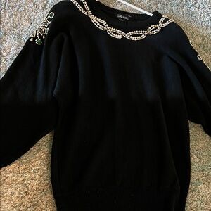 Glitz Black Sweater with Pearl and Green Embellishments